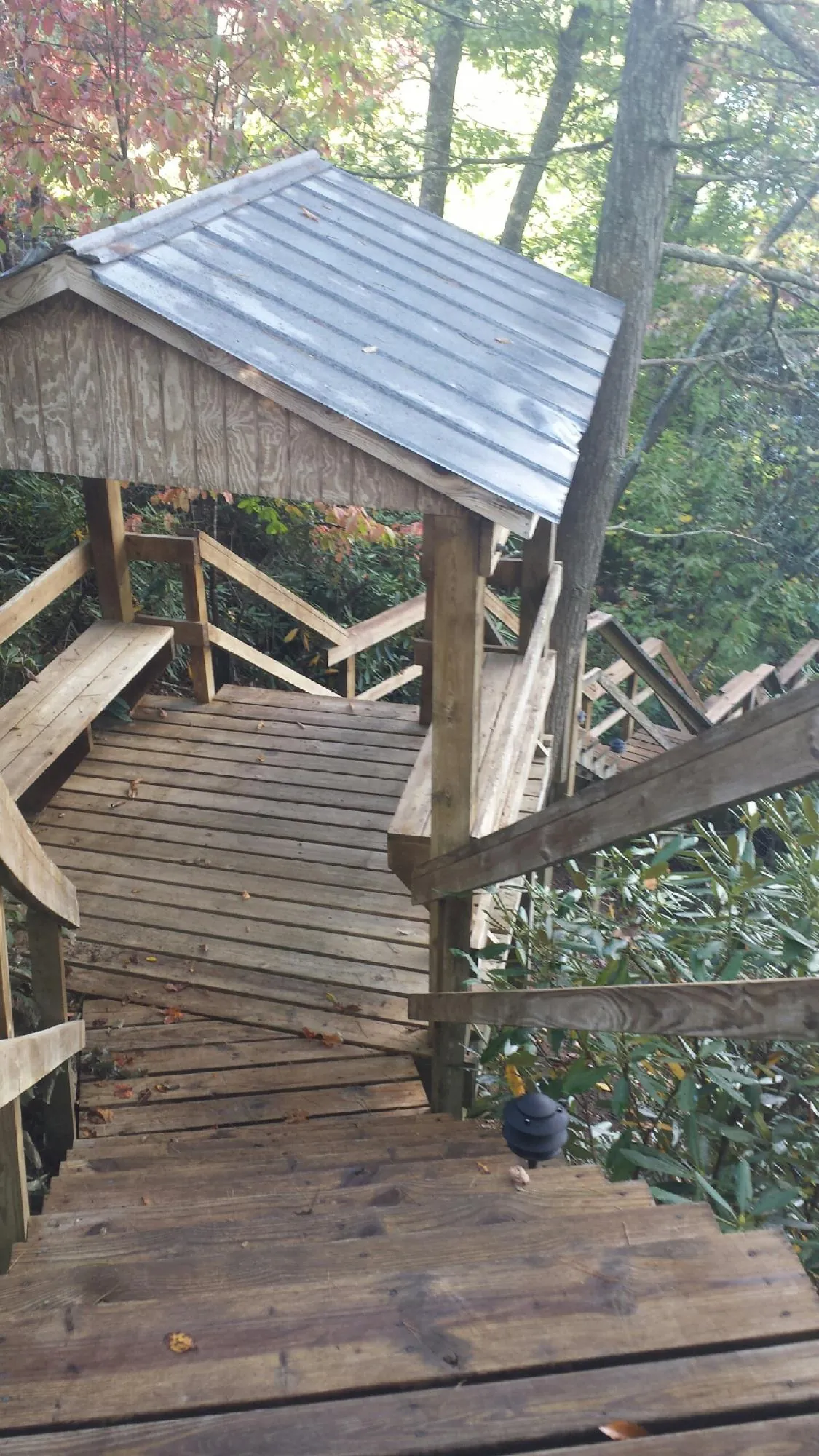 Metal roofed shelter over wooden steps on a wooded walkway — Skylight Repair & Installation work by our crew in Pine Bluff